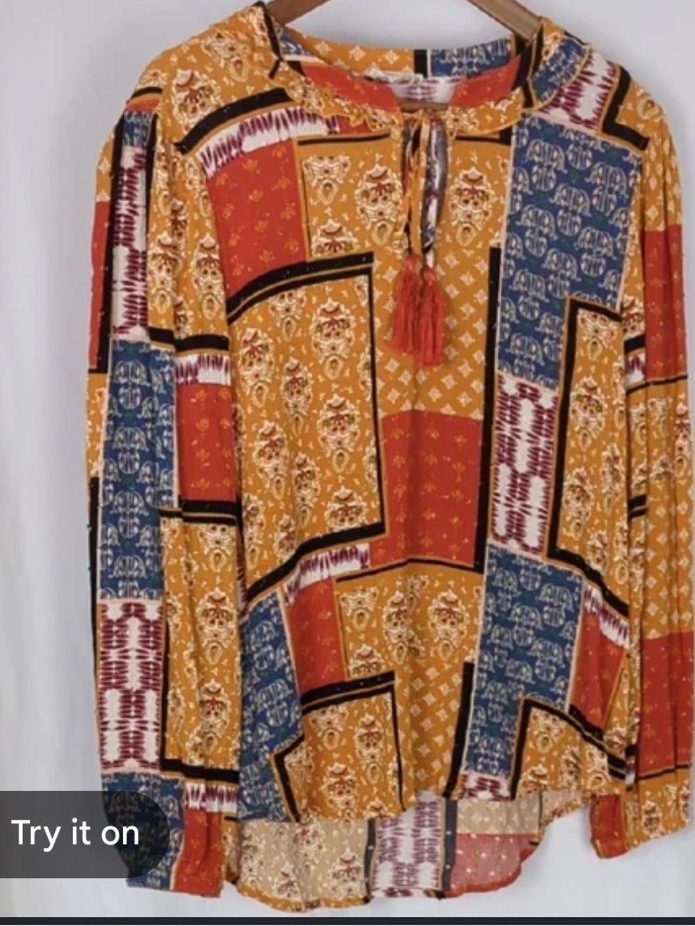 Boho Patchwork Tassel Tie Blouse - Mustard Multi cloth and portrait